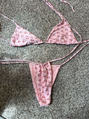 Frankie's Bikinis Pink Cherry-Accent Triangle Bikini